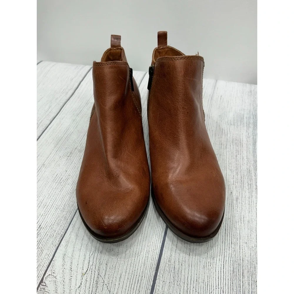Lucky Brand Basel Ankle Boots Womens 10M Brown Leather Side Zip‎ Block Heel